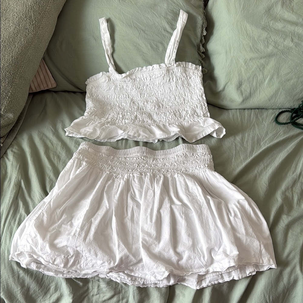 White Smocked Crop Top and Skirt Set